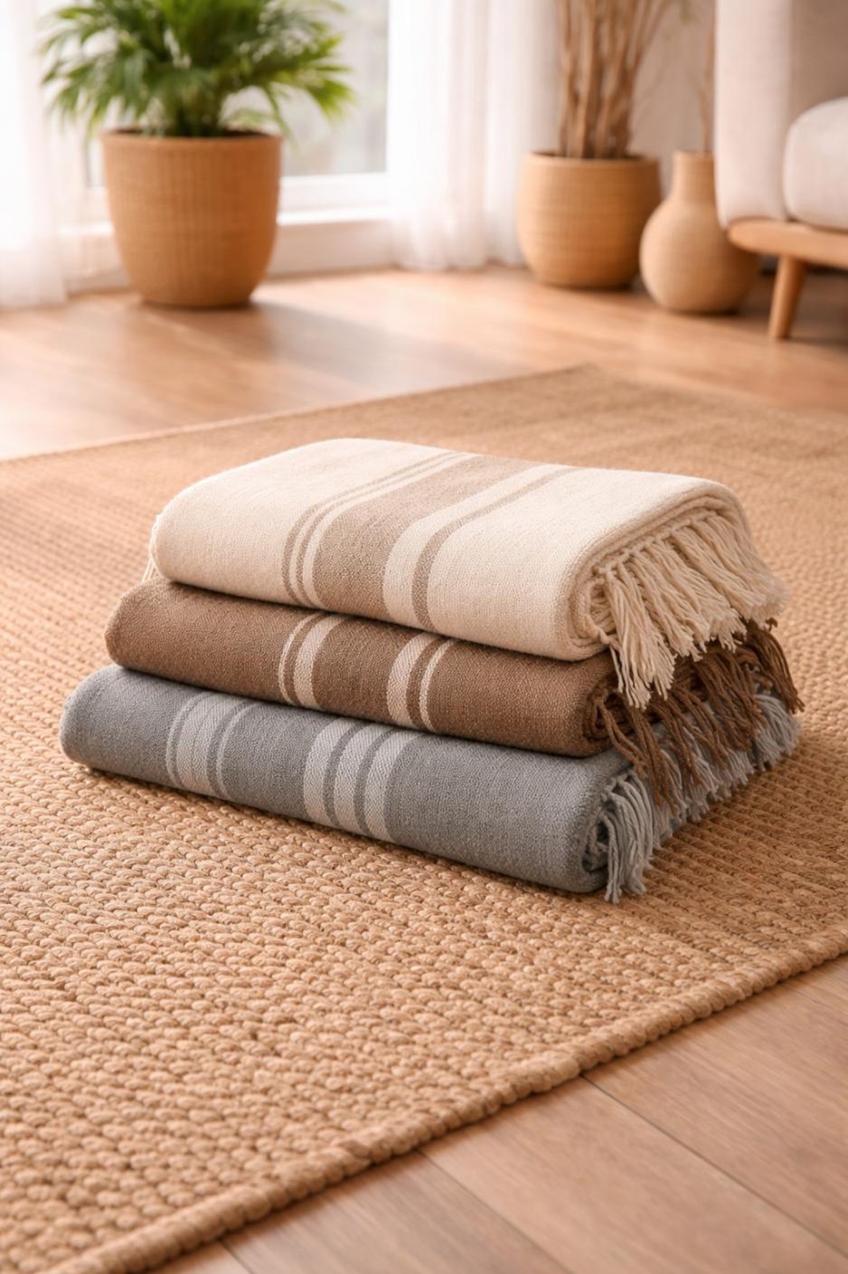 Folded meditation blanket on floor