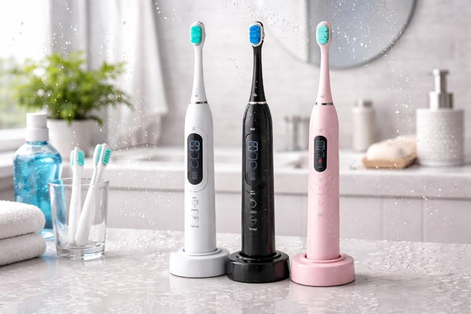 Electric toothbrush on bathroom counter